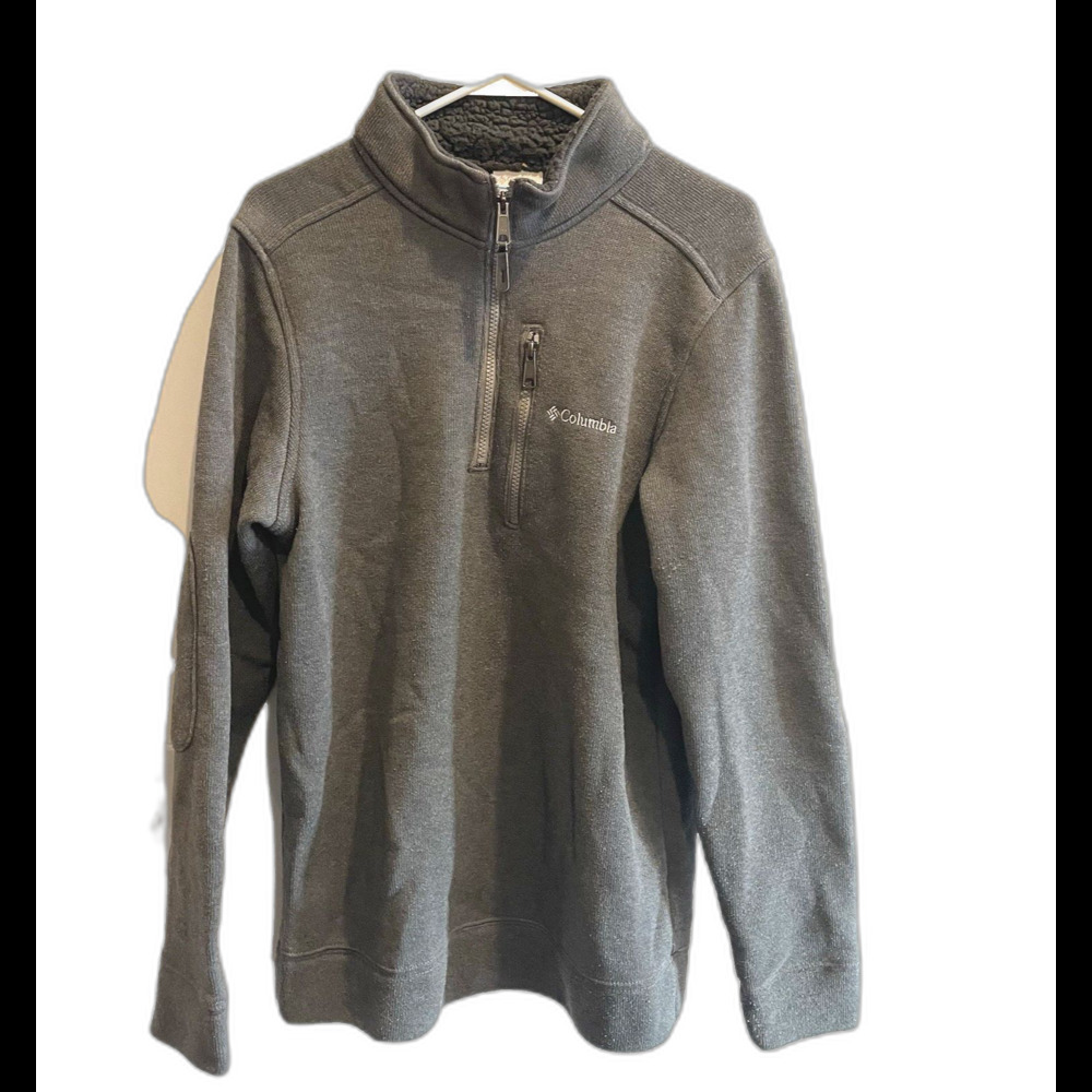Columbia Mens M Gray Fleece Lined Reinforced Elbow 1/4 Zip Pullover Chest Zip
